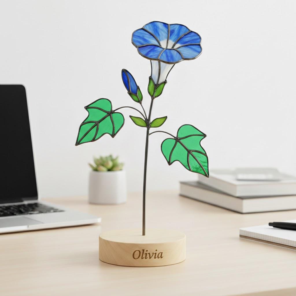 Handmade stained glass birth flower with wooden base, personalized name engraving, desk decor gift for mom and grandma