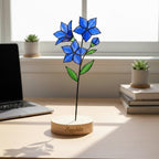 Handmade stained glass birth flower with wooden base, personalized name engraving, desk decor gift for mom and grandma