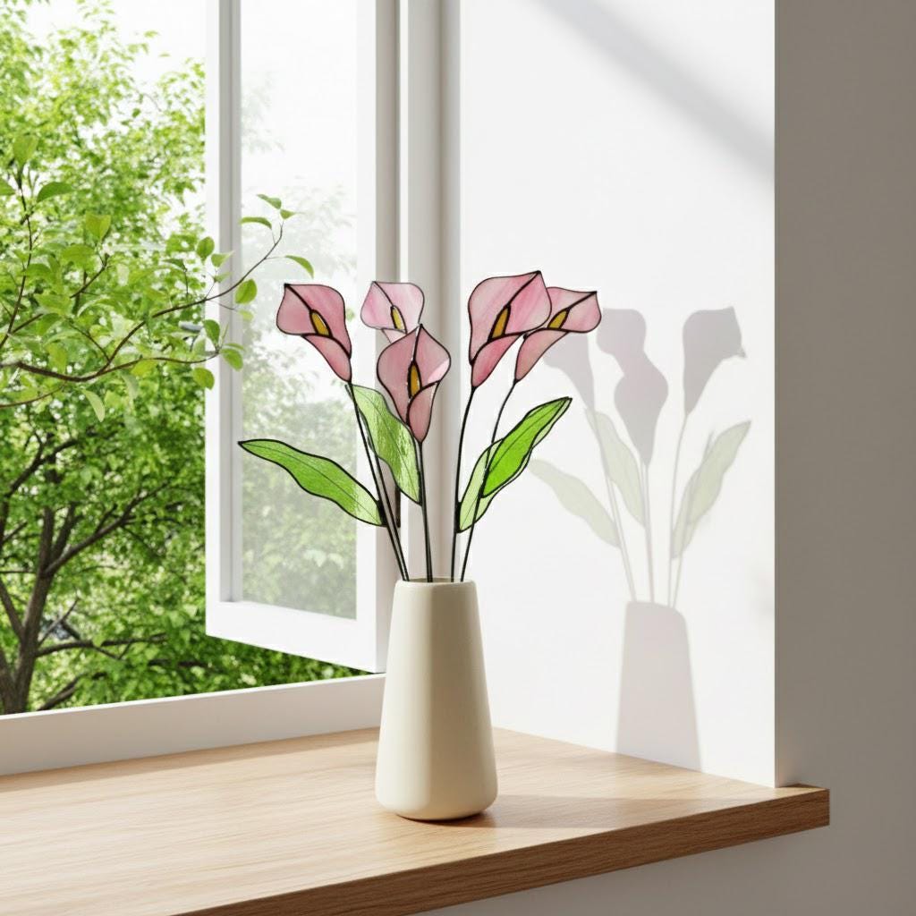 Handmade stained glass calla lily flower stems arranged in a minimalist vase, botanical glass flower home decor