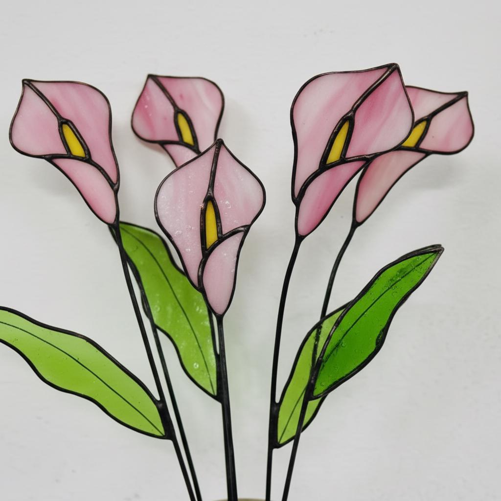 Handmade stained glass calla lily flower stems arranged in a minimalist vase, botanical glass flower home decor
