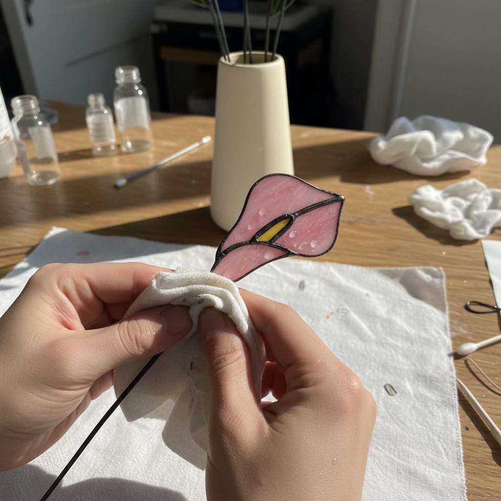 Handmade stained glass calla lily flower stems arranged in a minimalist vase, botanical glass flower home decor