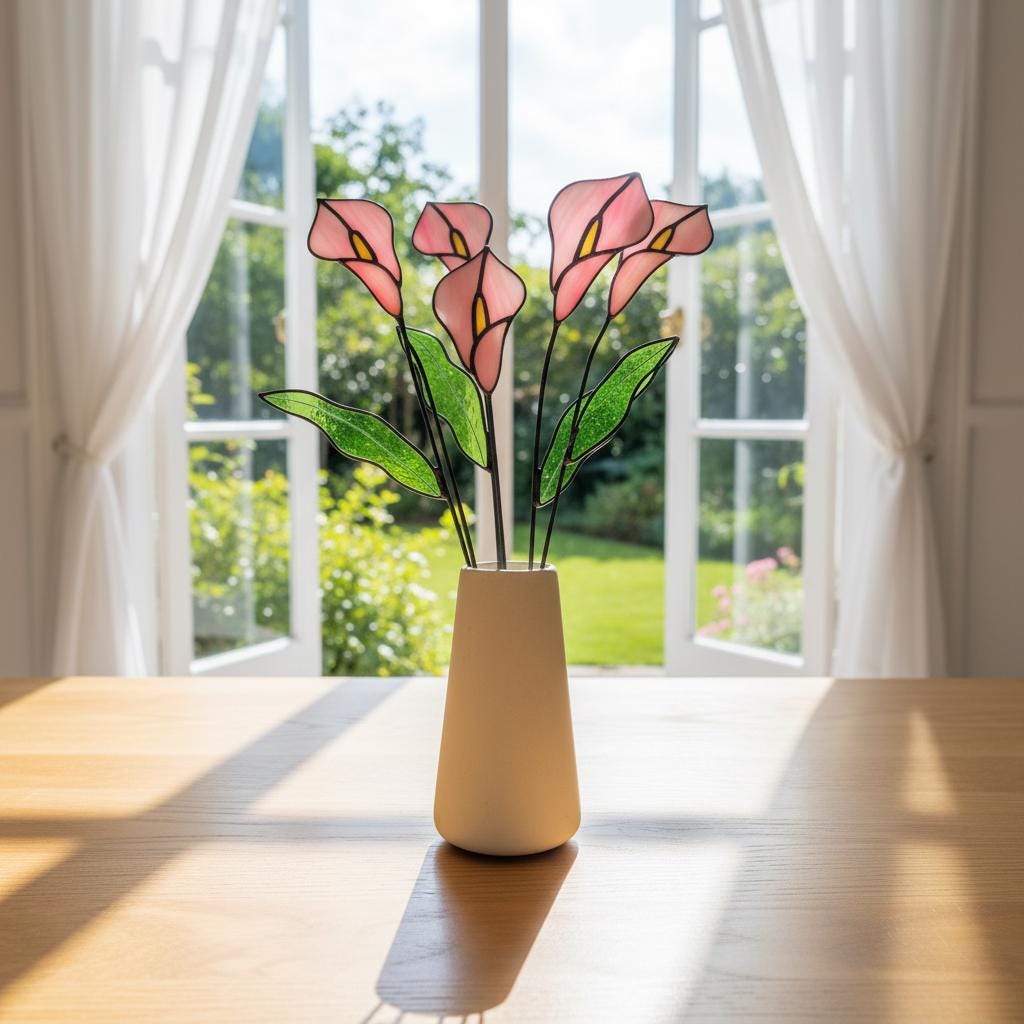 Handmade stained glass calla lily flower stems arranged in a minimalist vase, botanical glass flower home decor