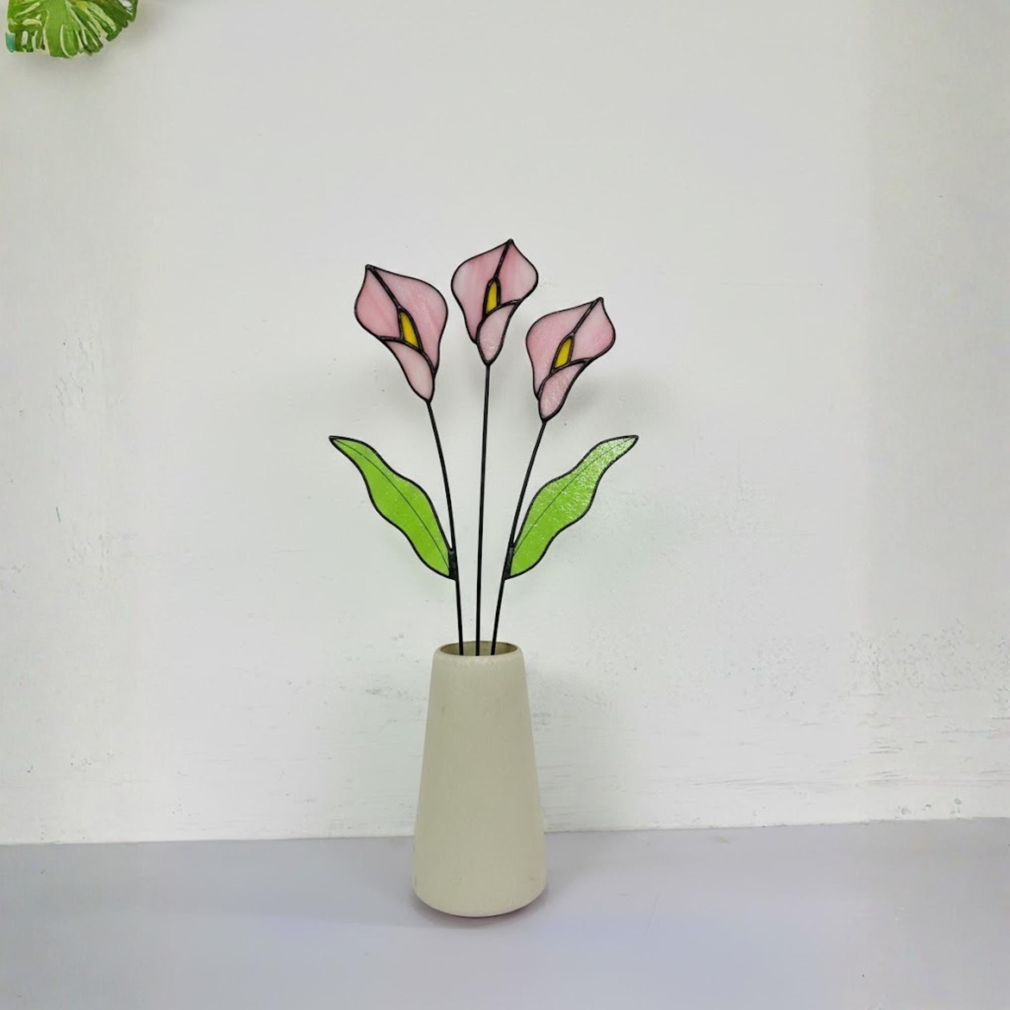 Handmade stained glass calla lily flower stems arranged in a minimalist vase, botanical glass flower home decor