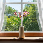 Handmade stained glass calla lily flower stems arranged in a minimalist vase, botanical glass flower home decor
