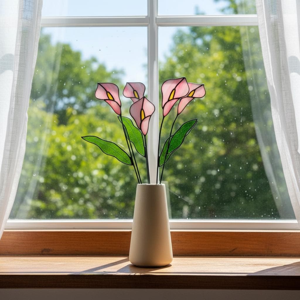 Handmade stained glass calla lily flower stems arranged in a minimalist vase, botanical glass flower home decor