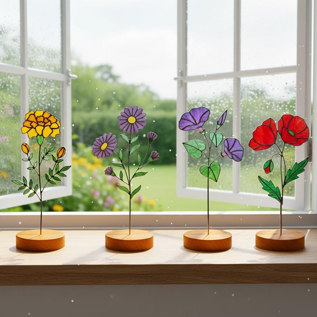 Handmade stained glass birth flower with engraved wooden base, personalized glass flower decor for birthday, mother’s day and memorial gift