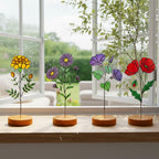 Handmade stained glass birth flower with engraved wooden base, personalized glass flower decor for birthday, mother’s day and memorial gift