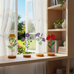 Handmade stained glass birth flower with engraved wooden base, personalized glass flower decor for birthday, mother’s day and memorial gift