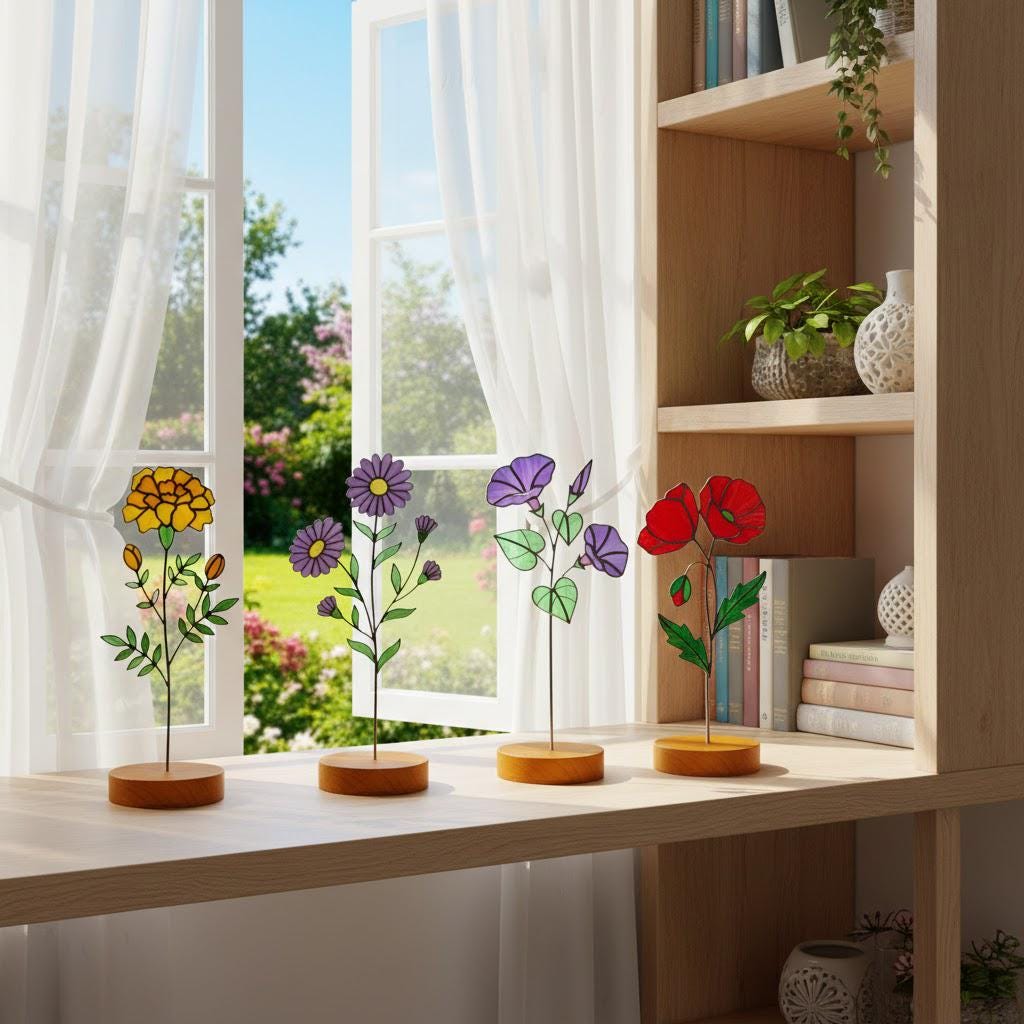 Handmade stained glass birth flower with engraved wooden base, personalized glass flower decor for birthday, mother’s day and memorial gift