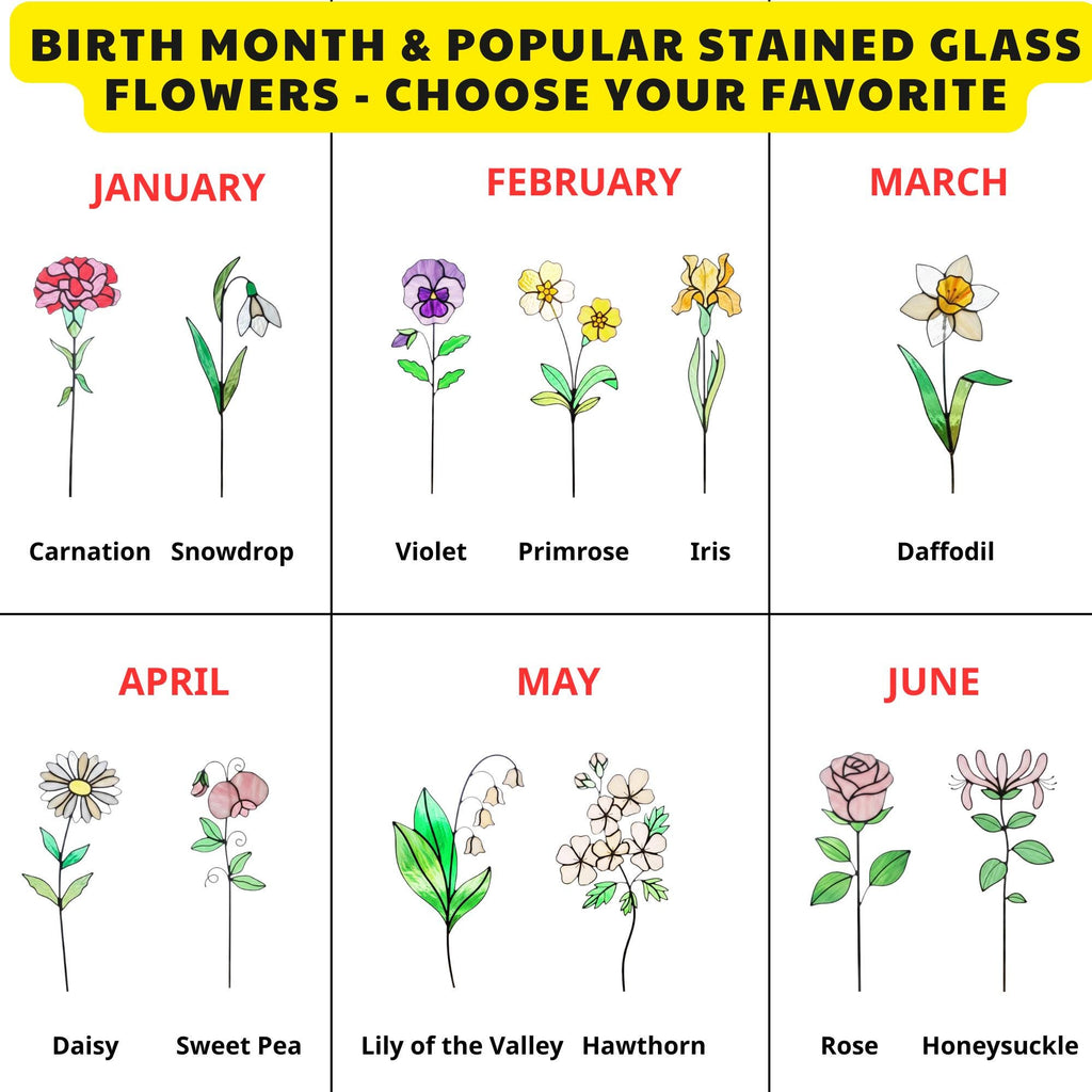 Handmade stained glass birth flower with engraved wooden base, personalized glass flower decor for birthday, mother’s day and memorial gift