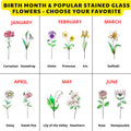 Handmade stained glass birth flower with engraved wooden base, personalized glass flower decor for birthday, mother’s day and memorial gift