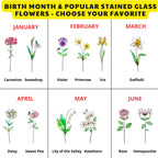 Handmade stained glass birth flower with engraved wooden base, personalized glass flower decor for birthday, mother’s day and memorial gift