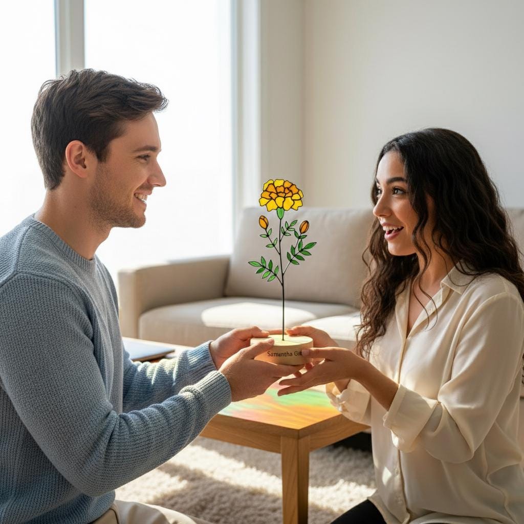 Handmade stained glass birth flower with engraved wooden base, personalized glass flower decor for birthday, mother’s day and memorial gift