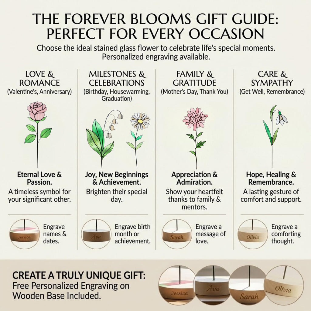 Handmade stained glass birth flower with engraved wooden base, personalized glass flower decor for birthday, mother’s day and memorial gift