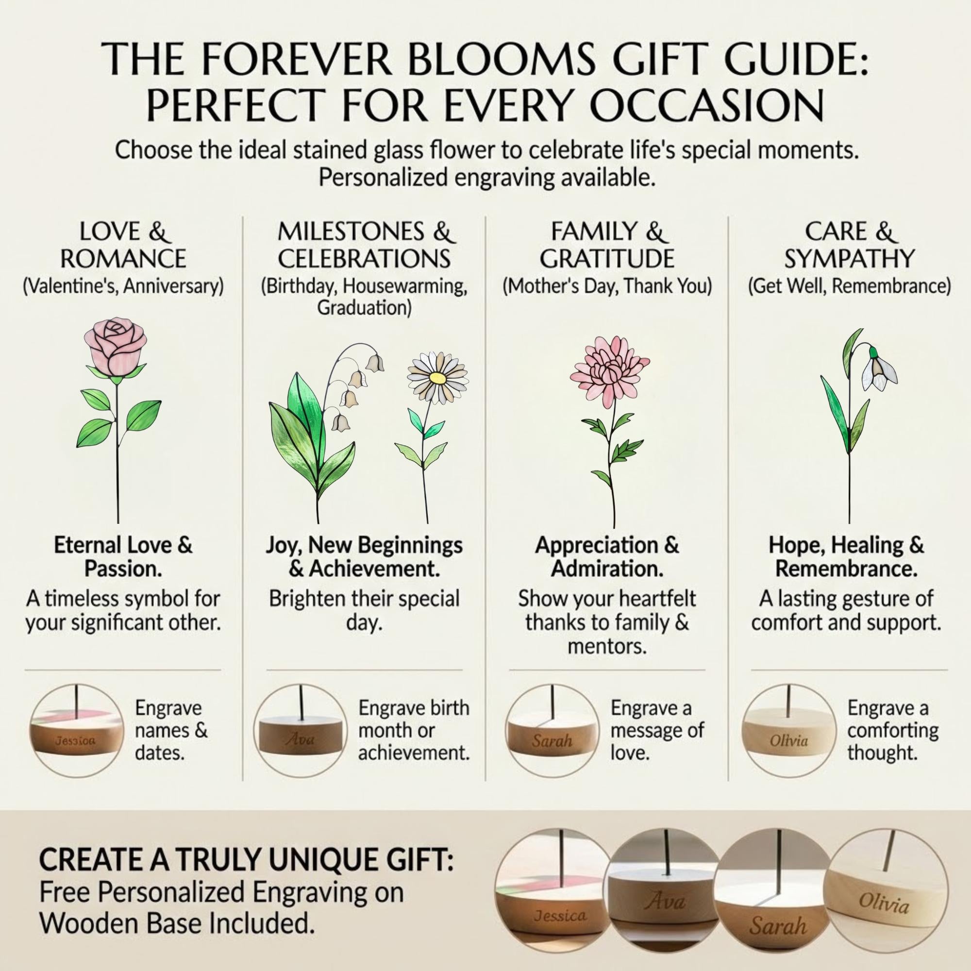 Handmade stained glass birth flower with engraved wooden base, personalized glass flower decor for birthday, mother’s day and memorial gift