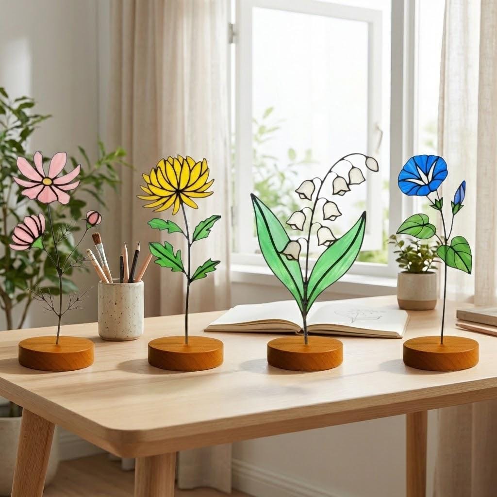 Handmade stained glass birth flower with engraved wooden base, personalized flower decor gift for birthday, mother’s day and home decor