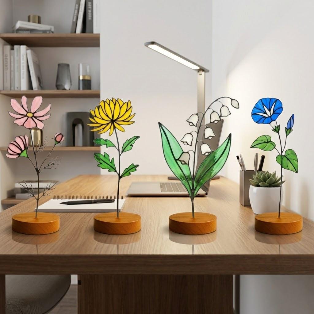 Handmade stained glass birth flower with engraved wooden base, personalized flower decor gift for birthday, mother’s day and home decor