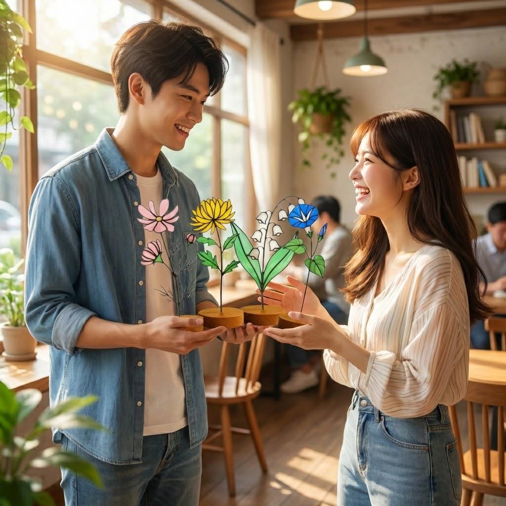 Handmade stained glass birth flower with engraved wooden base, personalized flower decor gift for birthday, mother’s day and home decor