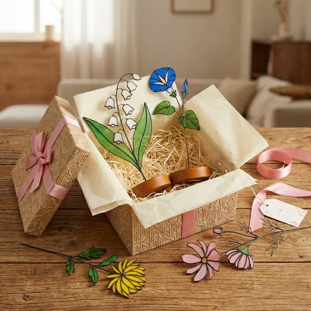 Handmade stained glass birth flower with engraved wooden base, personalized flower decor gift for birthday, mother’s day and home decor