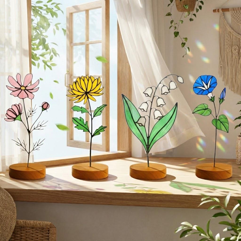 Handmade stained glass birth flower with engraved wooden base, personalized flower decor gift for birthday, mother’s day and home decor