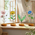 Handmade stained glass birth flower with engraved wooden base, personalized flower decor gift for birthday, mother’s day and home decor