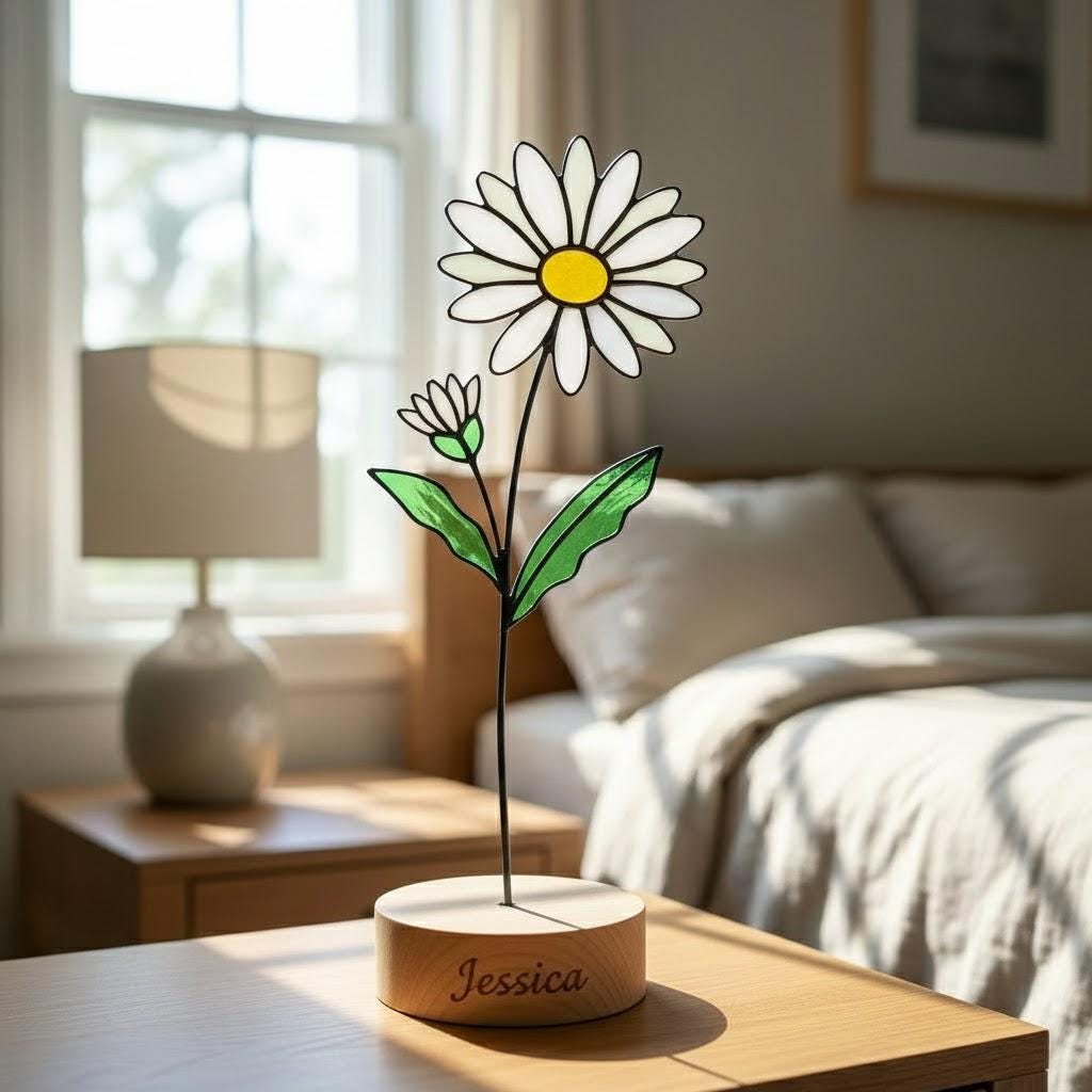 Handmade stained glass birth flower with engraved wooden base, personalized flower decor gift for birthday, mother’s day and home decor