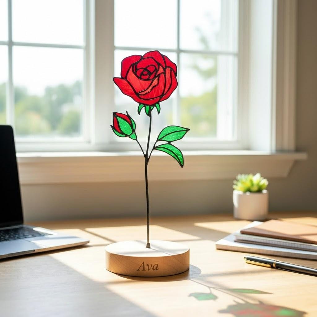 Handmade stained glass birth flower with engraved wooden base, personalized flower decor gift for birthday, mother’s day and home decor