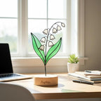 Handmade stained glass birth flower with engraved wooden base, personalized flower decor gift for birthday, mother’s day and home decor