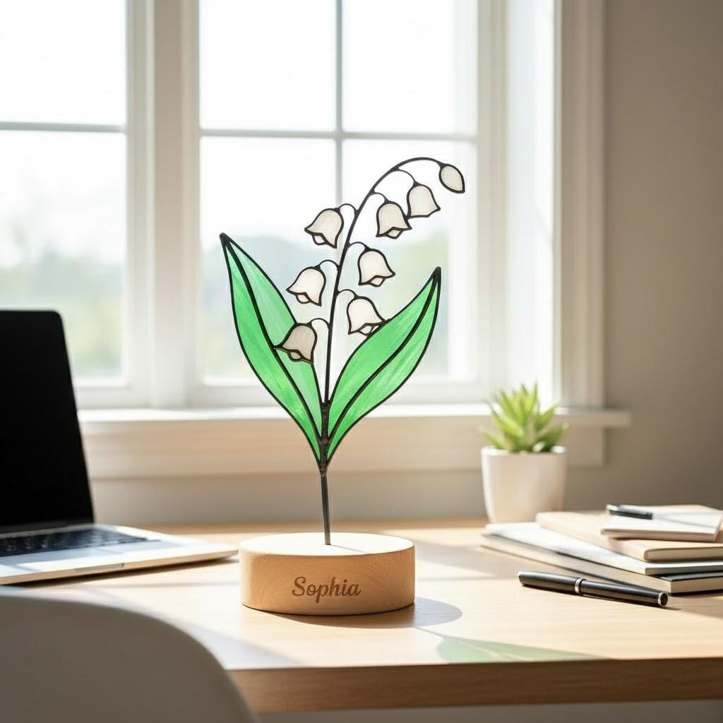 Handmade stained glass birth flower with engraved wooden base, personalized flower decor gift for birthday, mother’s day and home decor