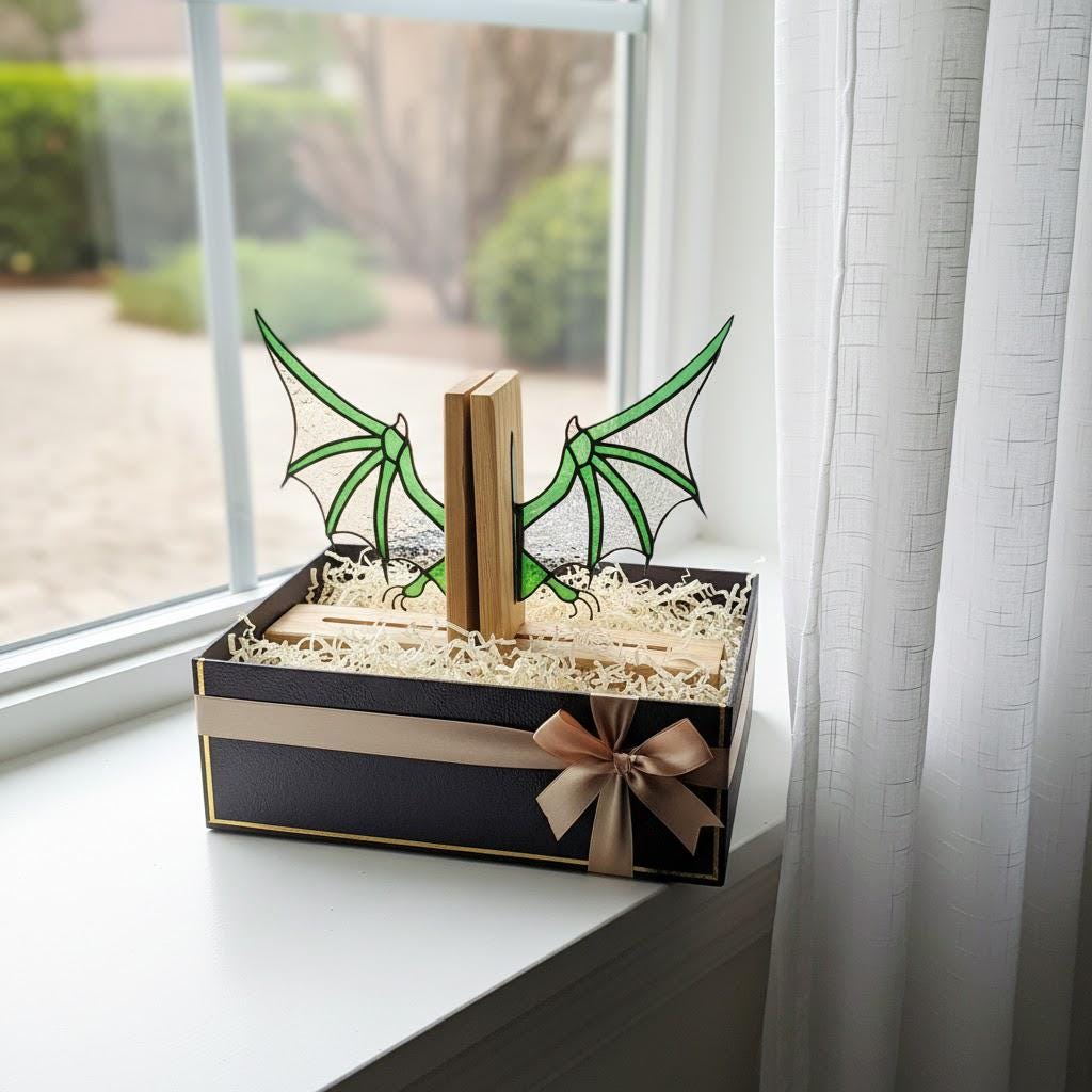 Handmade stained glass dragon wing bookends with solid oak wood base, fantasy bookshelf decor for book lovers and dark academia library