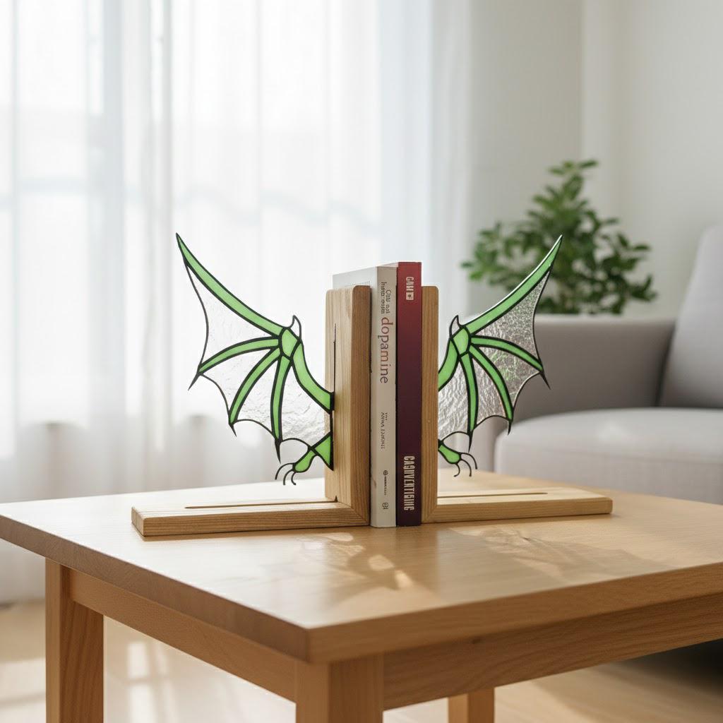 Handmade stained glass dragon wing bookends with solid oak wood base, fantasy bookshelf decor for book lovers and dark academia library