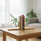 Handmade stained glass dragon wing bookends with solid oak wood base, fantasy bookshelf decor for book lovers and dark academia library