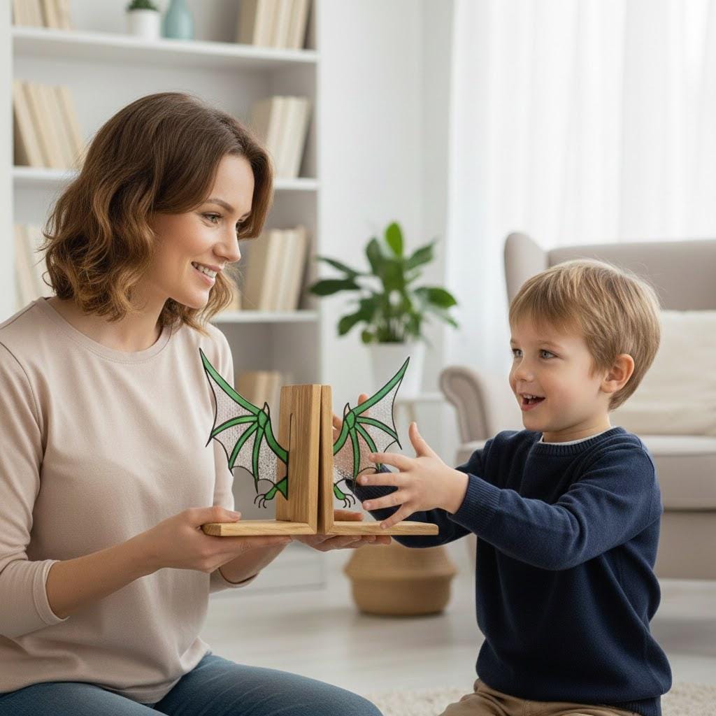 Handmade stained glass dragon wing bookends with solid oak wood base, fantasy bookshelf decor for book lovers and dark academia library