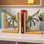 Handmade stained glass dragon wing bookends with solid oak wood base, fantasy bookshelf decor for book lovers and dark academia library
