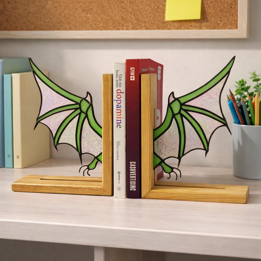 Handmade stained glass dragon wing bookends with solid oak wood base, fantasy bookshelf decor for book lovers and dark academia library