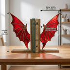 Handmade stained glass dragon wing bookends with solid oak wood base, fantasy bookshelf decor for book lovers and dark academia library