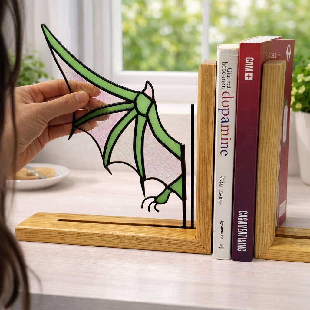 Handmade stained glass dragon wing bookends with solid oak wood base, fantasy bookshelf decor for book lovers and dark academia library