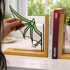 Handmade stained glass dragon wing bookends with solid oak wood base, fantasy bookshelf decor for book lovers and dark academia library