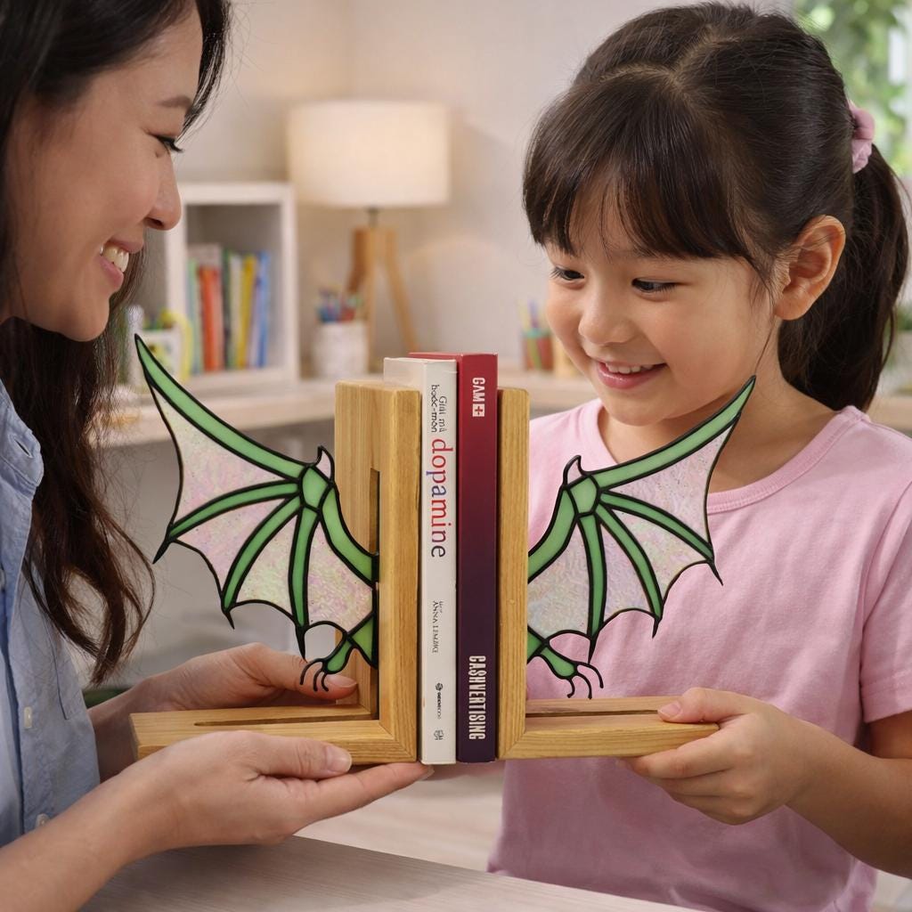 Handmade stained glass dragon wing bookends with solid oak wood base, fantasy bookshelf decor for book lovers and dark academia library