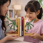 Handmade stained glass dragon wing bookends with solid oak wood base, fantasy bookshelf decor for book lovers and dark academia library