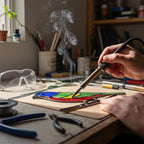 Handmade stained glass painted bunting bird suncatcher window hanging, colorful blue red green bird art, birdwatcher gift for dad or mom, spring nature decor.