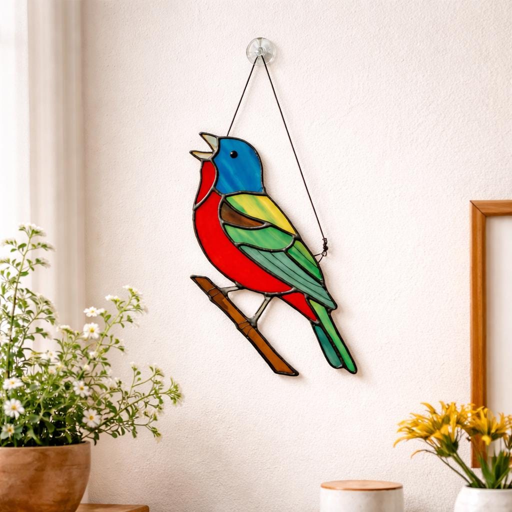Handmade stained glass painted bunting bird suncatcher window hanging, colorful blue red green bird art, birdwatcher gift for dad or mom, spring nature decor.