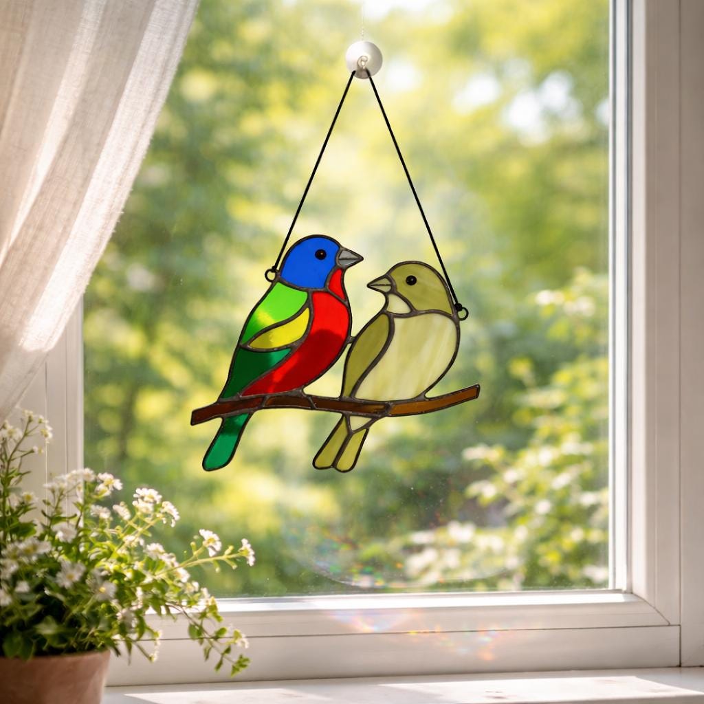 Handmade stained glass painted bunting bird suncatcher window hanging, colorful blue red green bird art, birdwatcher gift for dad or mom, spring nature decor.