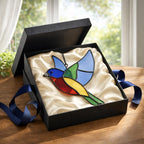 Handmade stained glass painted bunting bird suncatcher window hanging, colorful blue red green bird art, birdwatcher gift for dad or mom, spring nature decor.