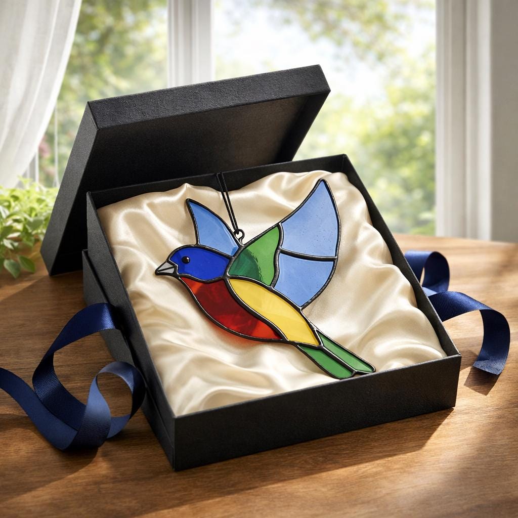 Handmade stained glass painted bunting bird suncatcher window hanging, colorful blue red green bird art, birdwatcher gift for dad or mom, spring nature decor.