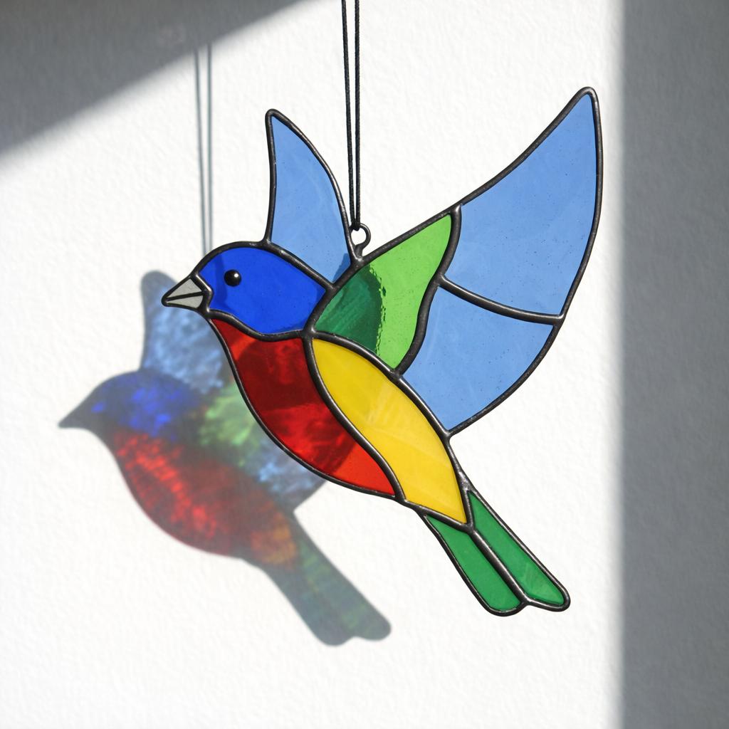 Handmade stained glass painted bunting bird suncatcher window hanging, colorful blue red green bird art, birdwatcher gift for dad or mom, spring nature decor.