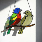 Handmade stained glass painted bunting bird suncatcher window hanging, colorful blue red green bird art, birdwatcher gift for dad or mom, spring nature decor.