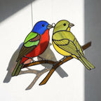 Handmade stained glass painted bunting bird suncatcher window hanging, colorful blue red green bird art, birdwatcher gift for dad or mom, spring nature decor.