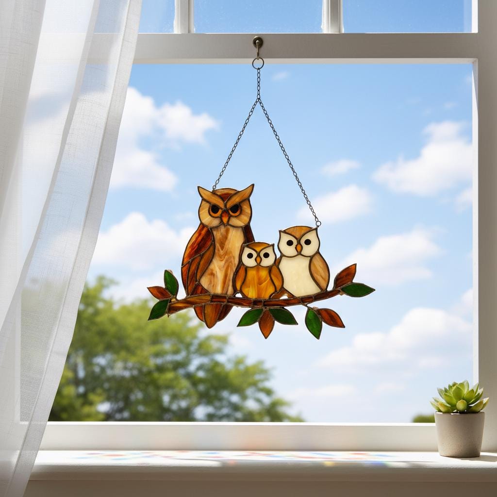 Handmade stained glass owl family suncatcher featuring mother owl and two owlets on a branch, woodland bird window hanging gift for mom or grandma.