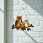 Handmade stained glass owl family suncatcher featuring mother owl and two owlets on a branch, woodland bird window hanging gift for mom or grandma.